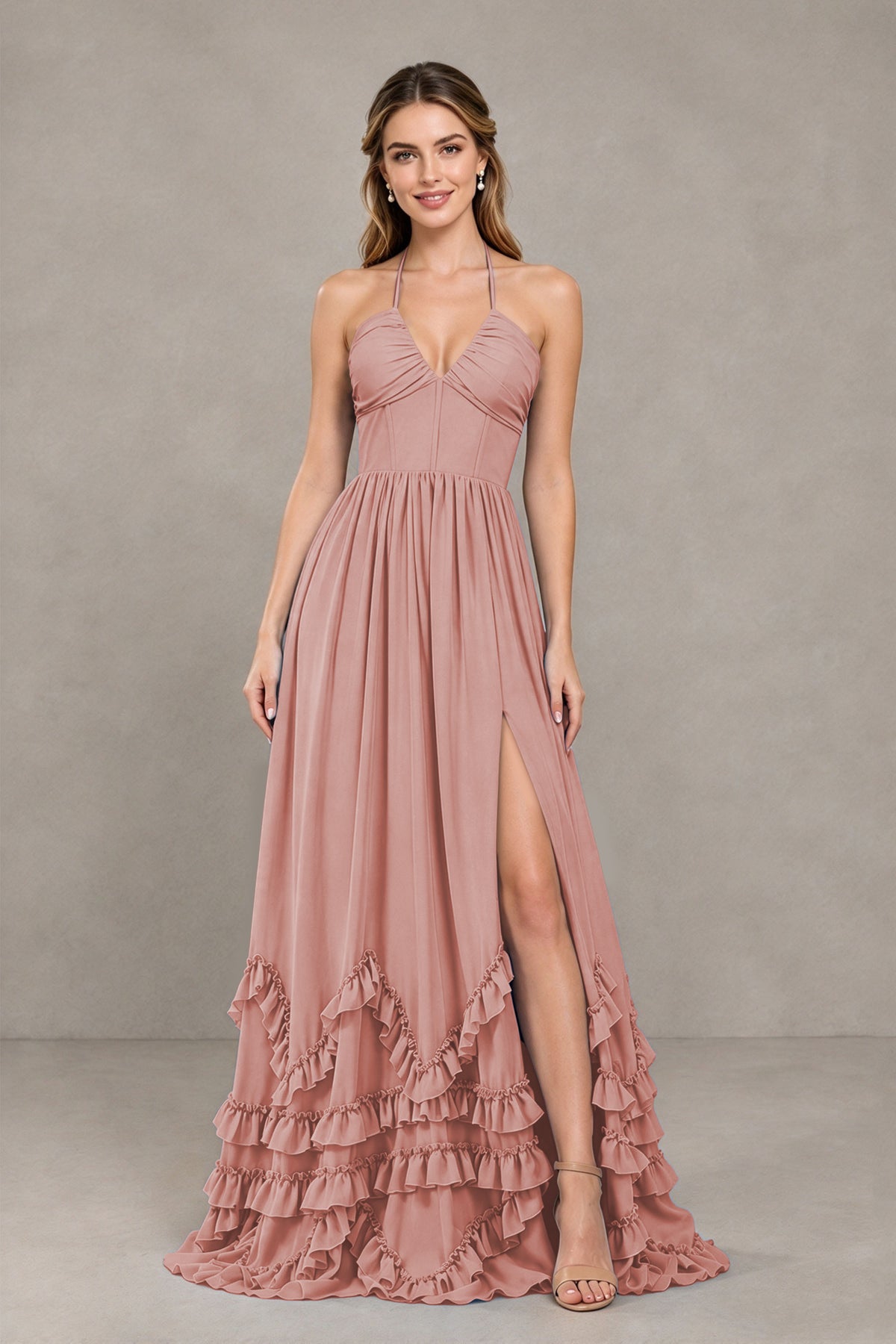 BOLODOO Dusty Rose Halter Ruffle Hem A-Line Bridesmaid Dress with High Slit - Dusty Rose - Dusty Rose(4)