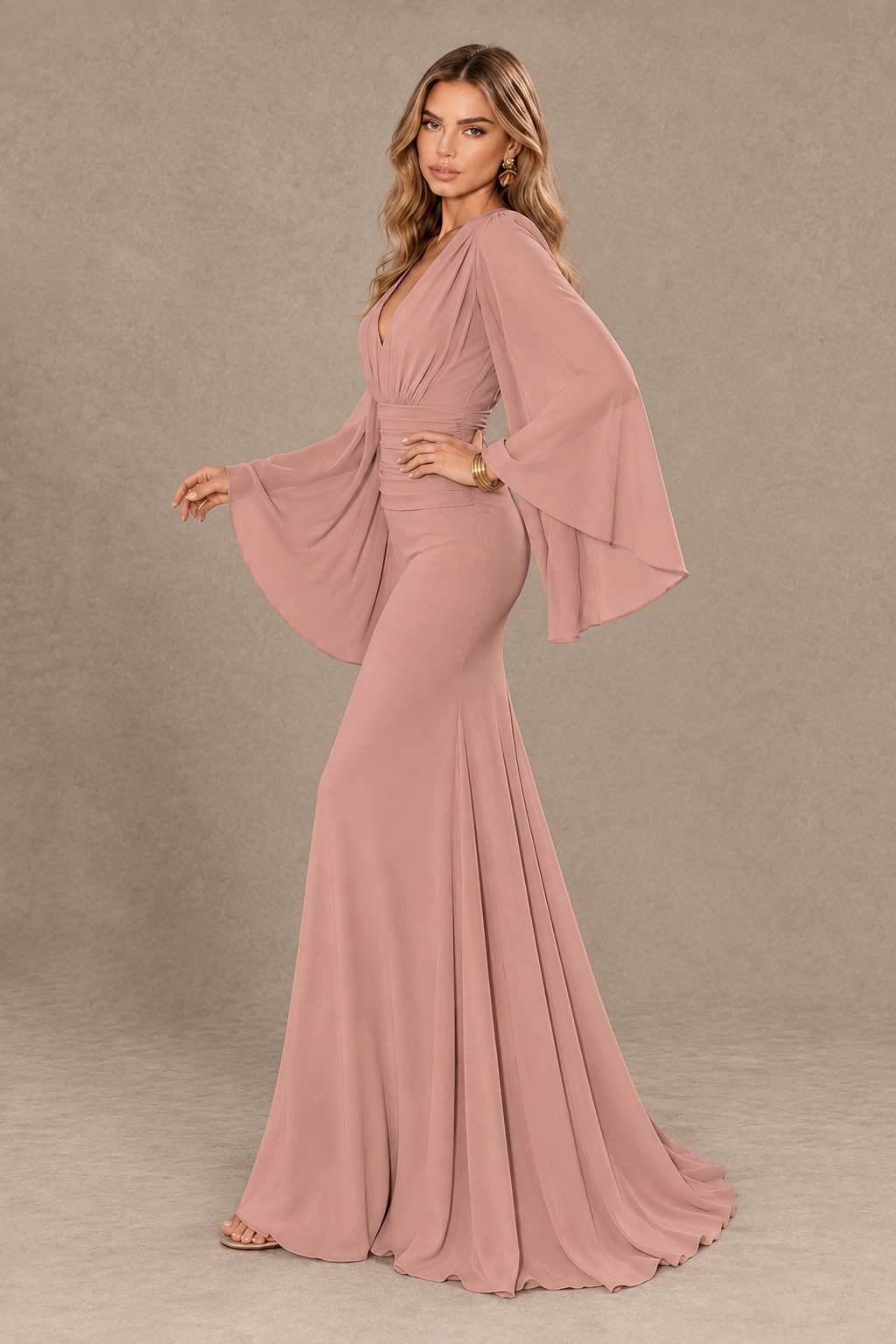 BOLODOO Dusty Rose Cape Sleeve V-Neck Ruched Chiffon Evening Dress - Dusty Rose - Dusty_Rose_4