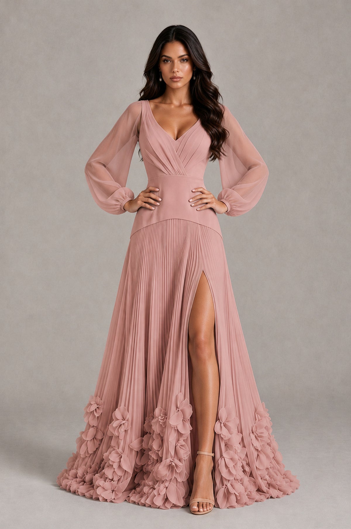 BOLODOO Dusty Rose V-Neck Long Sleeve Pleated Floral Hem Evening Dress - Dusty Rose - Dusty Rose_4