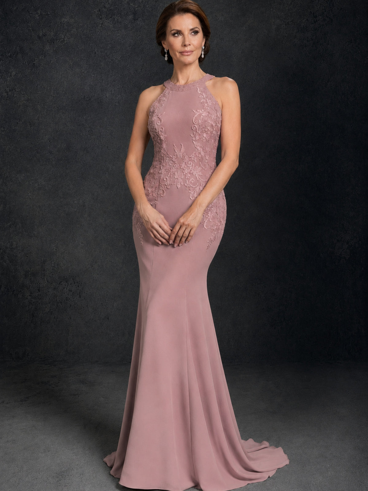 BOLODOO Dusty Rose Lace Applique Halter Neck Sheer Back Mermaid Maxi Dress with Sweep Train - Dusty Rose