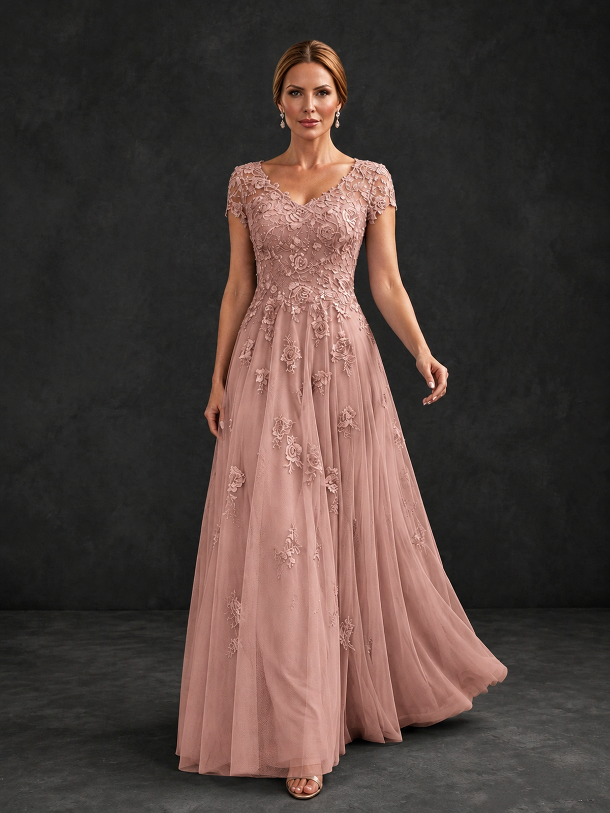 BOLODOO Dusty Rose Cap Sleeve Lace Appliqué A-Line Formal Gown | Mother of the Bride Dress - Dusty Rose - Dusty Rose_4