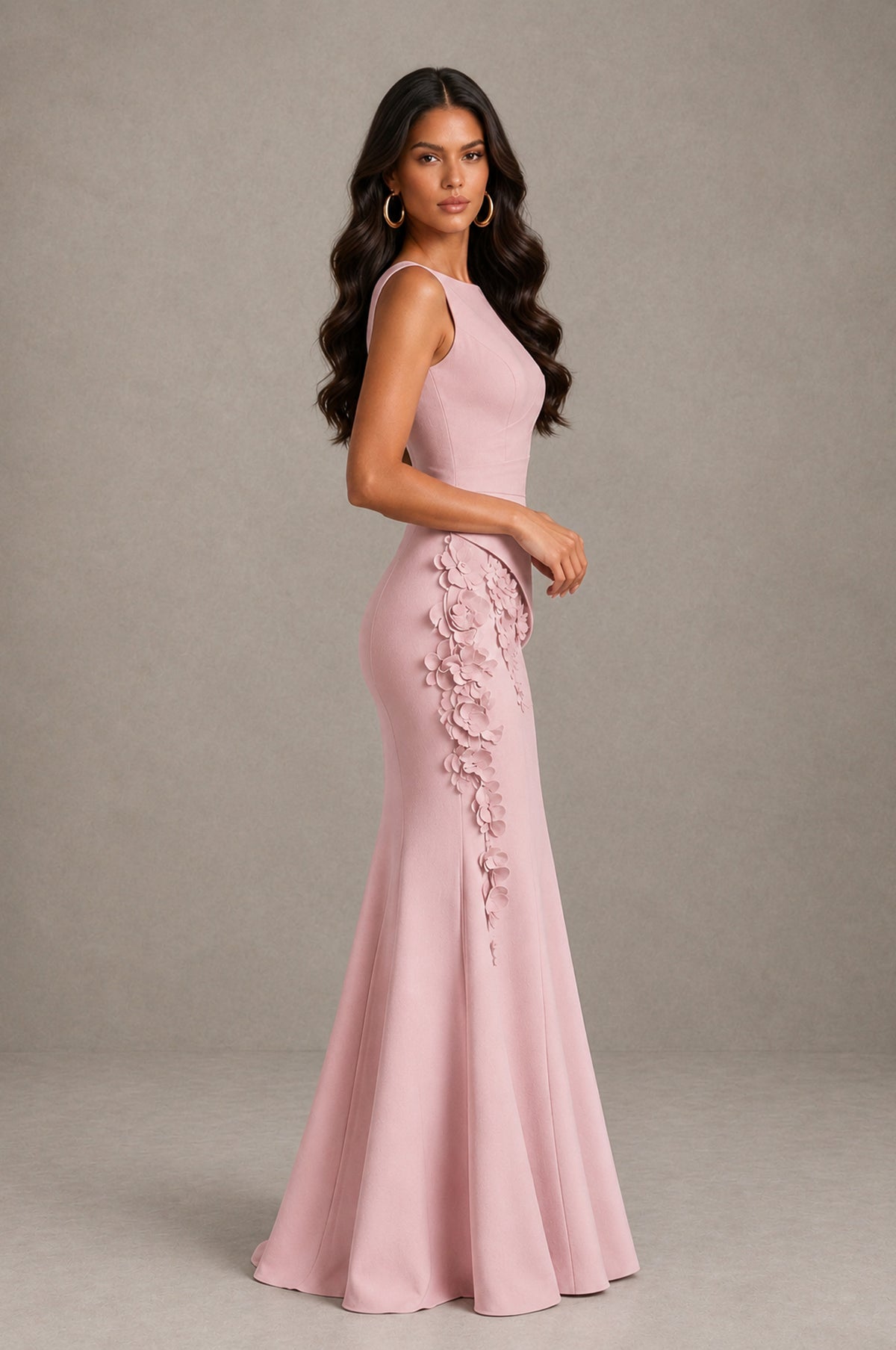 BOLODOO Dusty Rose Bateau Neck Sleeveless Asymmetric Peplum 3D Petal Appliqué Mermaid Gown BD0421 - Dusty Rose - Dusty Rose_4