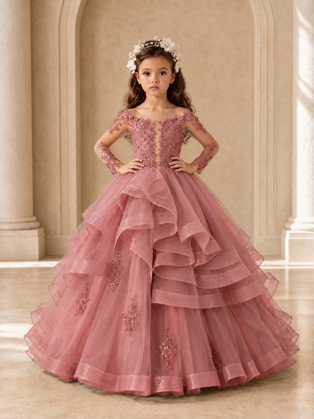 BOLODOO Dusty Rose Lace Long Sleeve Tiered Flower Girl Dress - Dusty Rose - Dusty_Rose_4