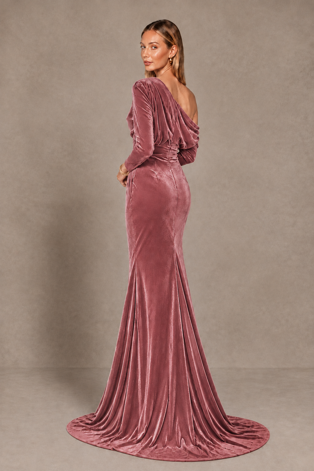 BOLODOO Dusty Rose Velvet Asymmetric Neck Mermaid Evening Dress - Dusty Rose - Dusty Rose_4