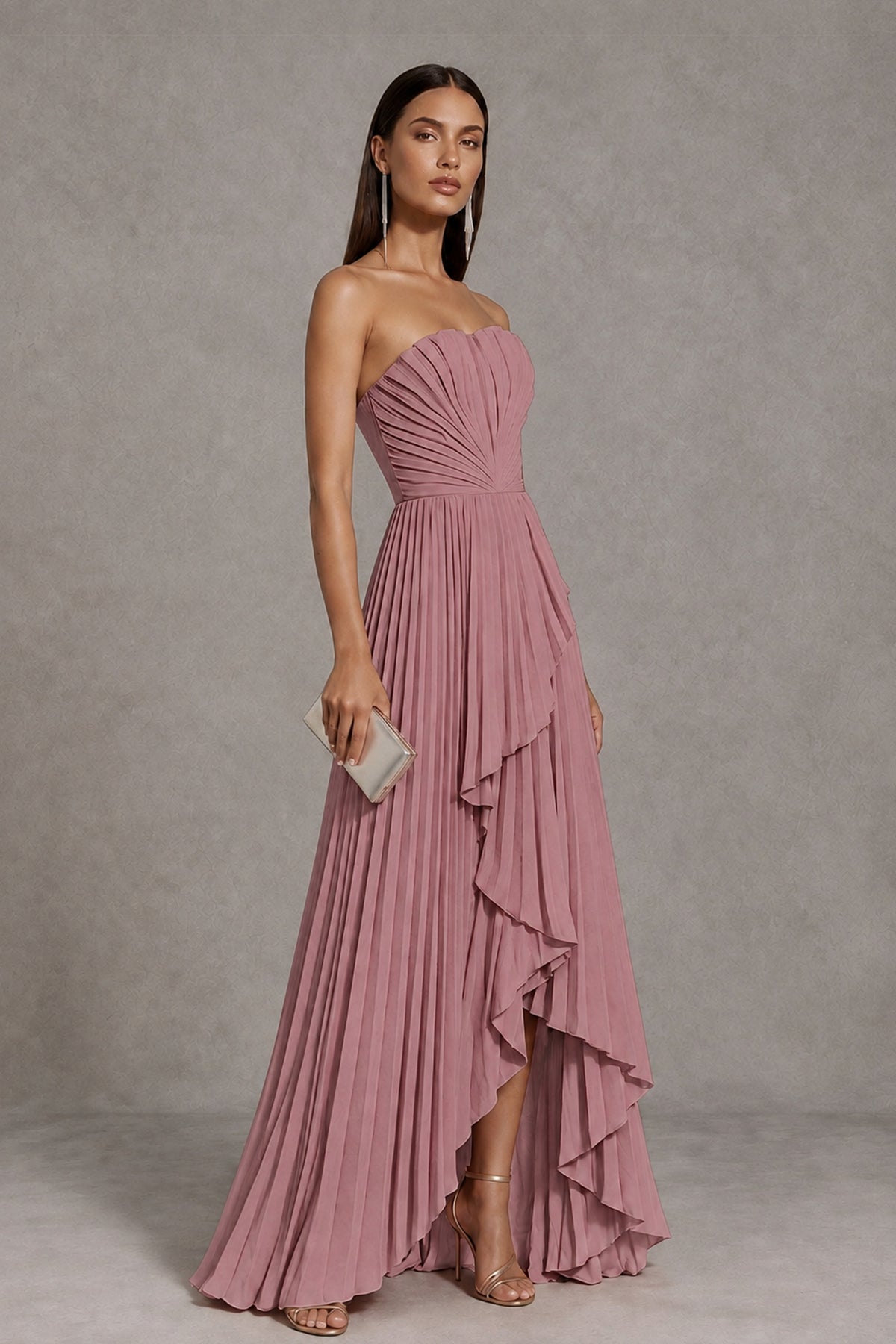 Dusty Rose Strapless Pleated High-Low Evening Gown with Ruffle Hem - Dusty Rose