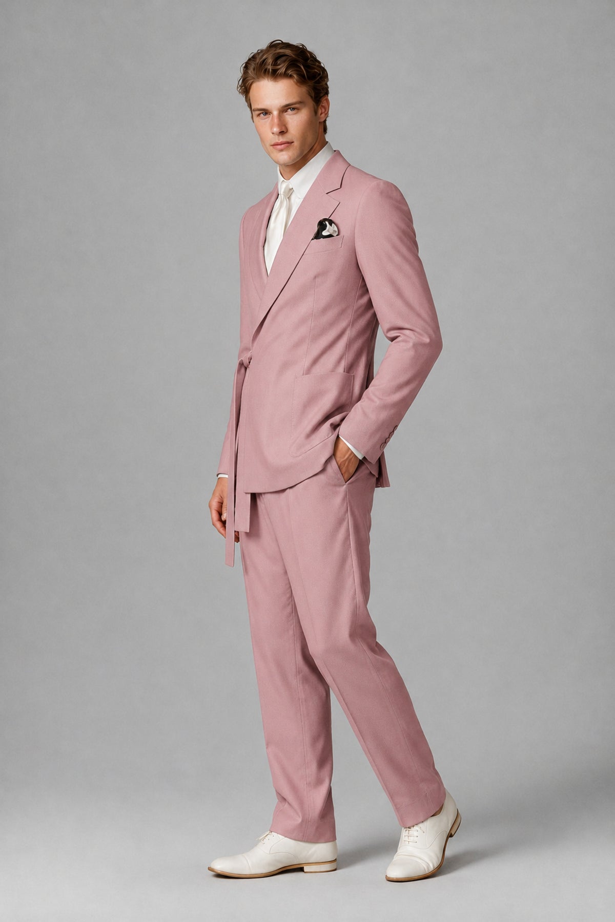 Bolodoo Men's Dusty Rose Wrap Tie-Waist Two-Piece Suit – Jacket & Trousers - Dusty Rose - Dusty Rose_4