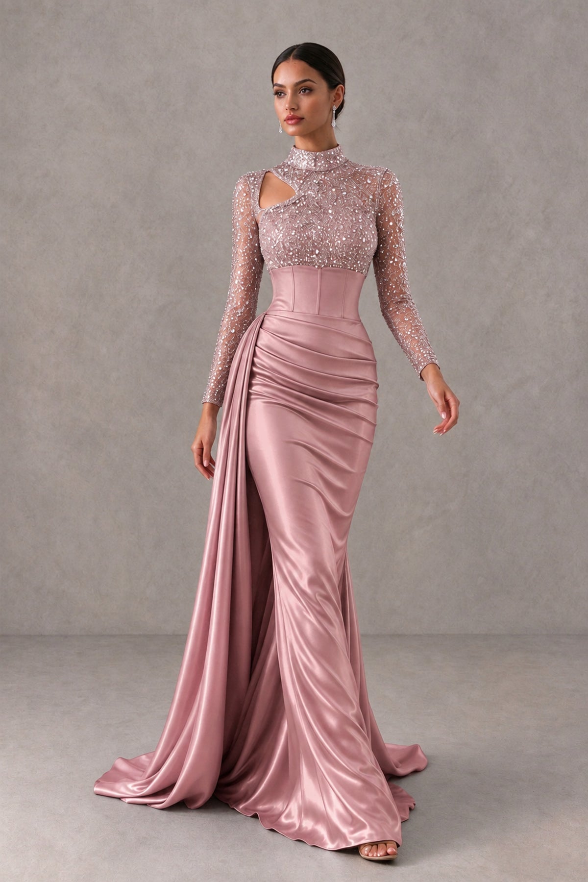 BOLODOO Dusty Rose Long Sleeve Embellished Satin Mermaid Evening Gown - Dusty Rose - Dusty Rose_4