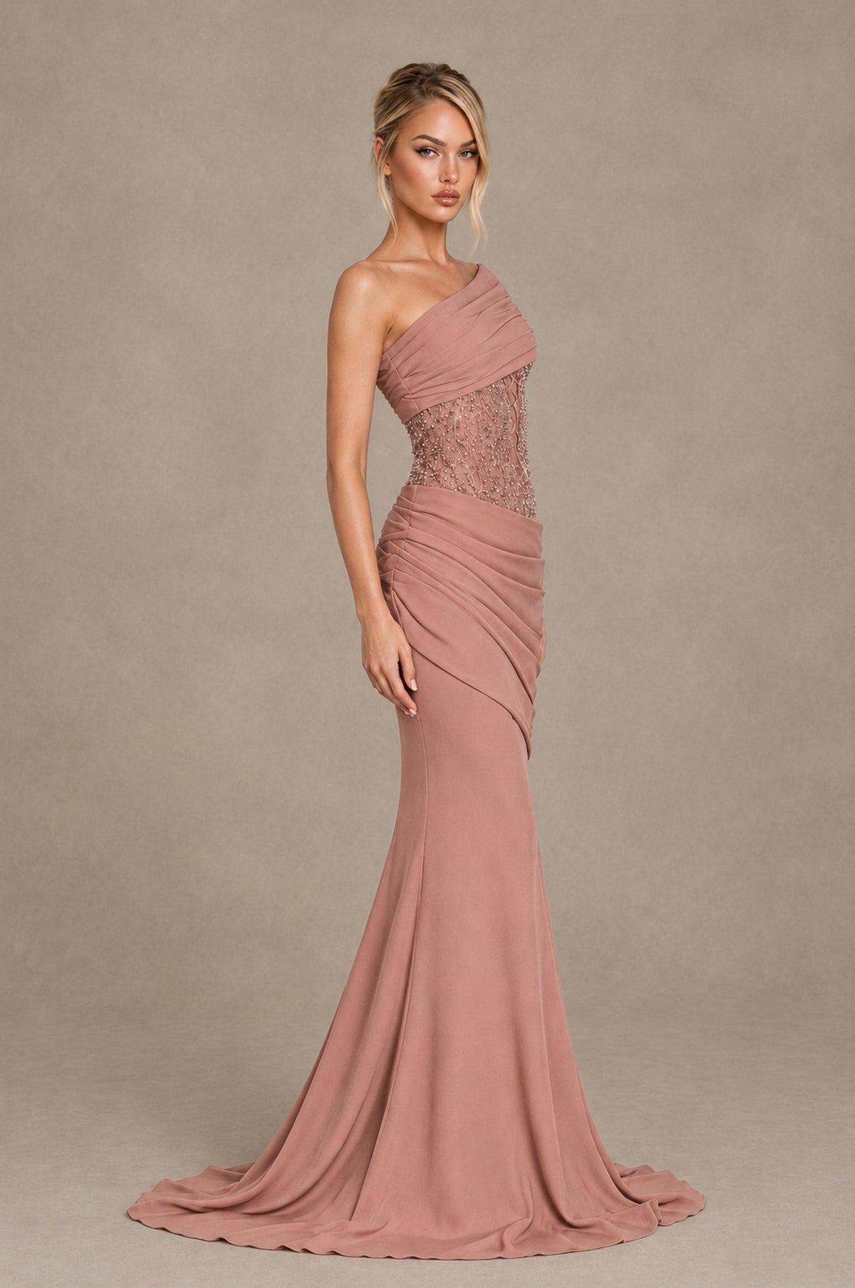 BOLODOO Dusty Rose One-Shoulder Sequin Embroidered Ruched Mermaid Gown with Train - Dusty Rose - Dusty Rose_4