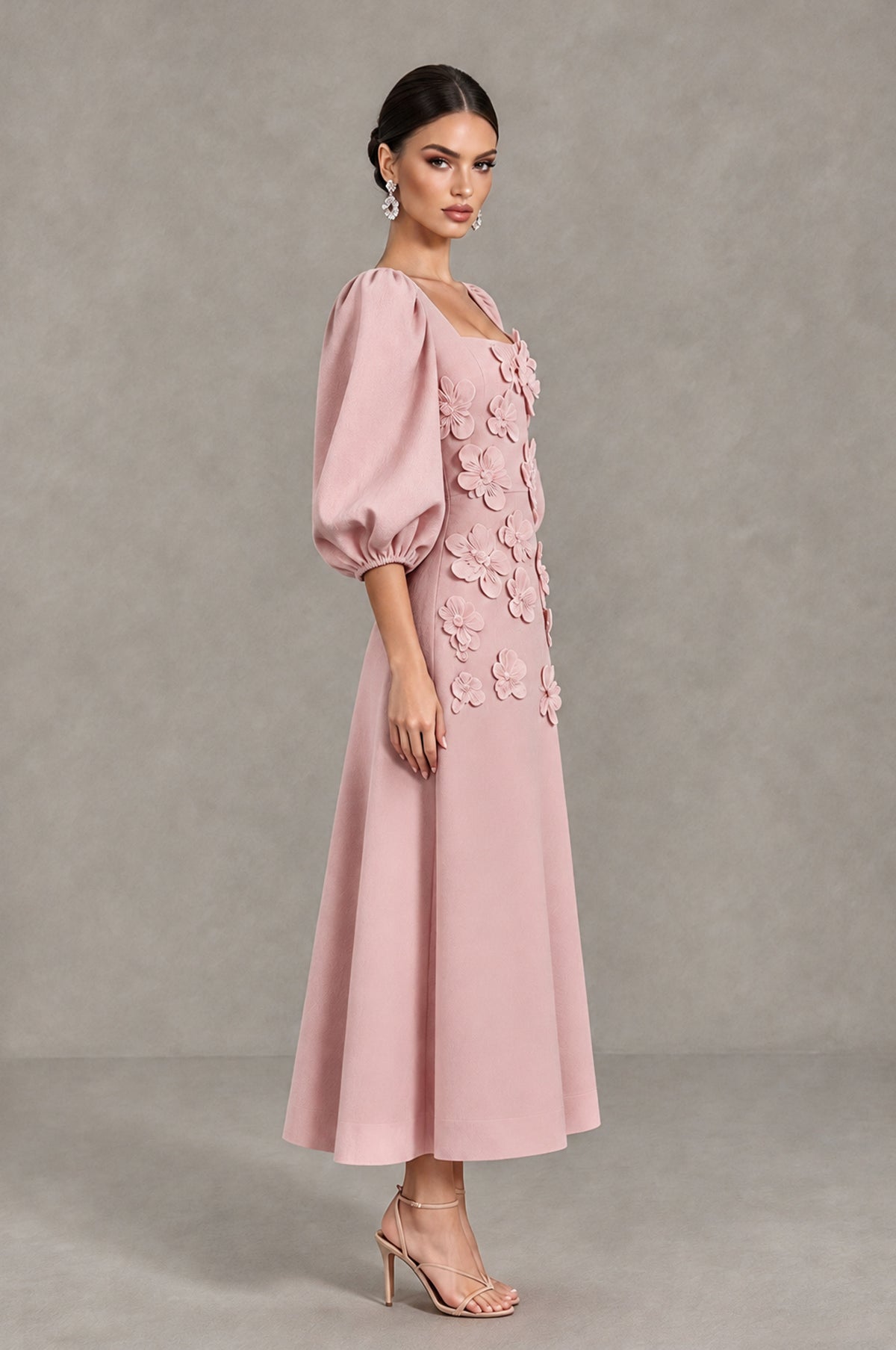 BOLODOO Dusty Rose 3D Floral Puff Sleeve Midi Cocktail Dress - Dusty Rose - Dusty Rose_4