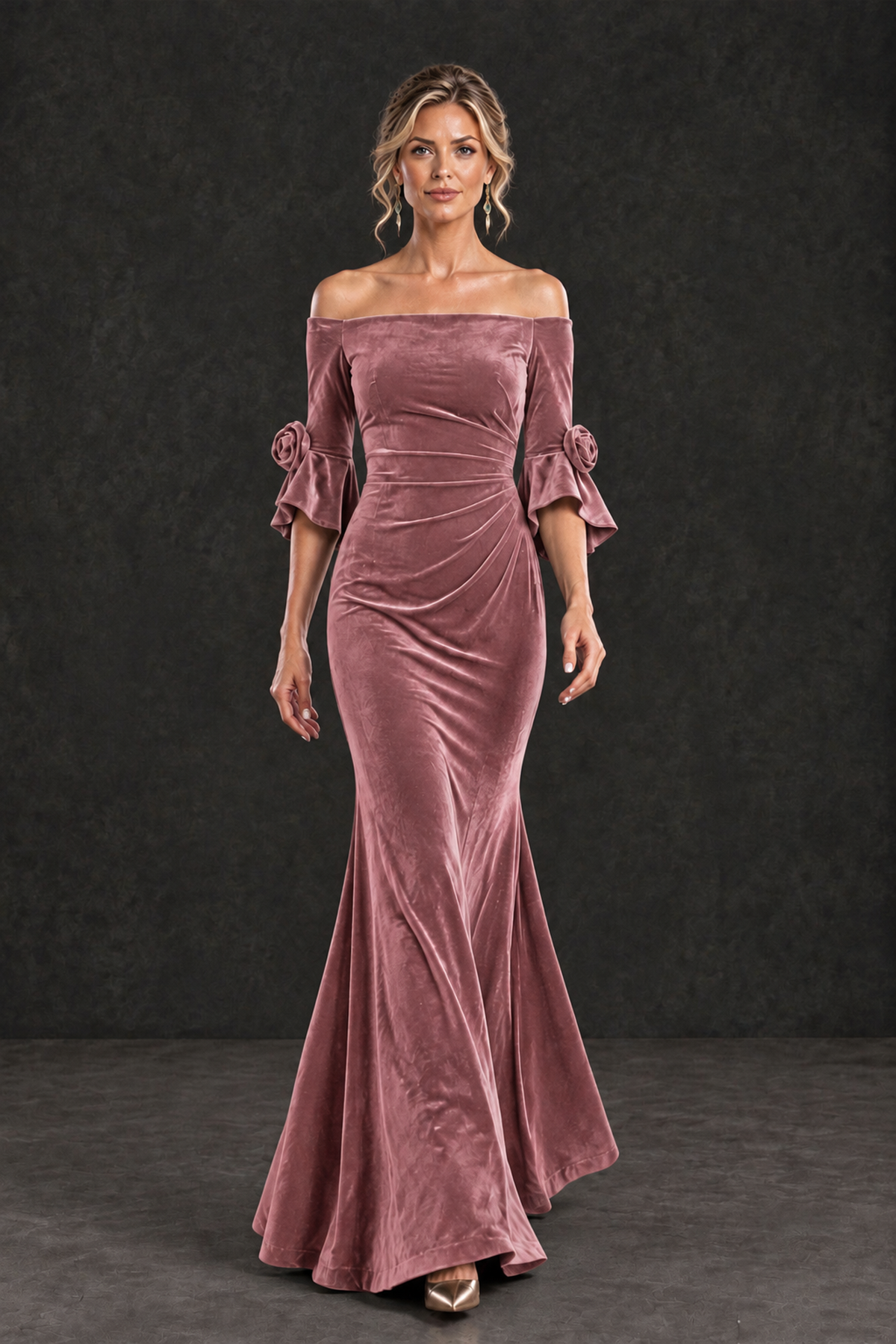 BOLODOO Dusty Rose Velvet Off-Shoulder Mother of the Bride Dress – 3/4 Floral Cuff Sleeve Mermaid Evening Gown - Dusty Rose - Dusty Rose_4