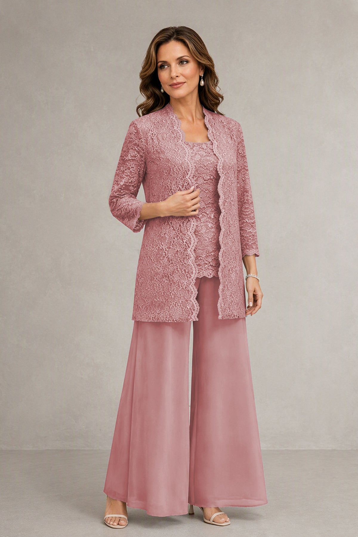 BOLODOO Dusty Rose 3-Piece Lace Chiffon Pantsuit – Mother of the Bride Wedding Guest with Jacket - Dusty Rose