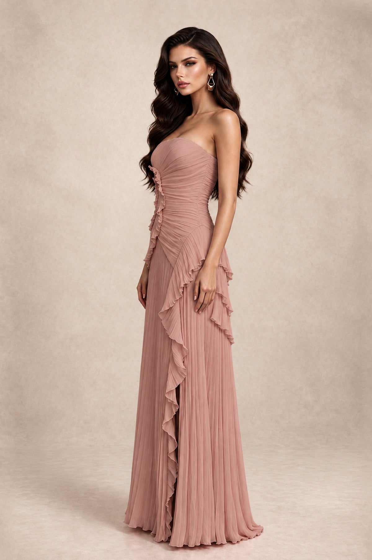 BOLODOO Dusty Rose Strapless Ruffle Pleated Slit Evening Gown - Dusty Rose - Dusty Rose_4