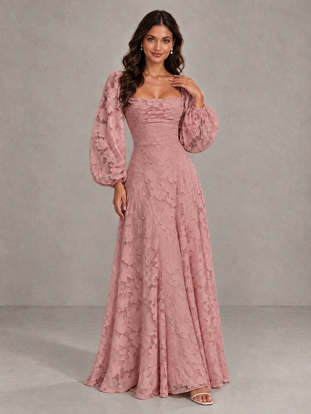 BOLODOO Dusty Rose Floral Long Sleeve A-Line Bridesmaid Dress - Dusty Rose - Dusty Rose_4