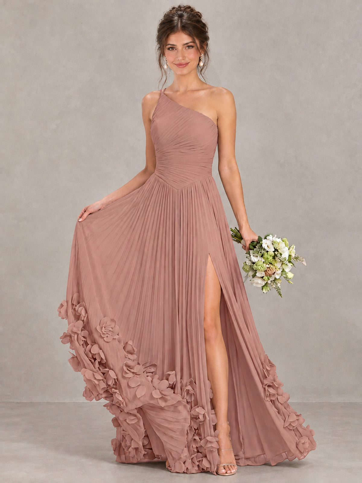 BOLODOO Dusty Rose One-Shoulder Pleated Bridesmaid Dress with 3D Floral Hem - Dusty Rose - Dusty Rose_4
