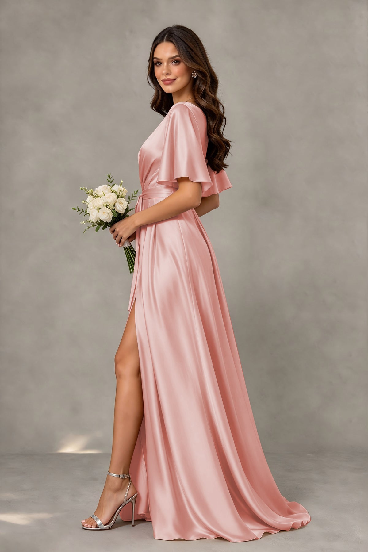 BOLODOO Dusty Rose Satin V-Neck Flutter Sleeve Bridesmaid Dress with Slit - Dusty Rose - Dusty Rose(4)