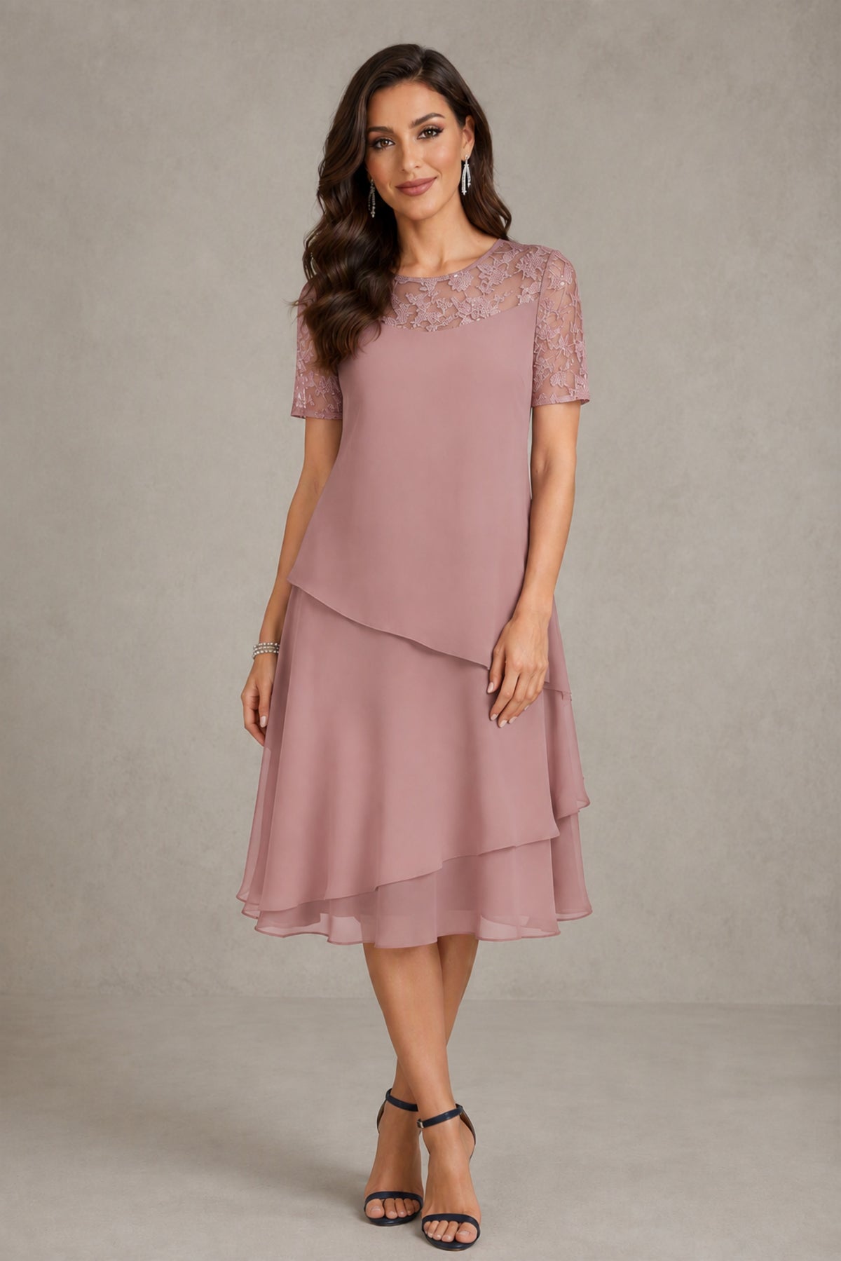 BOLODOO Dusty Rose Illusion Lace Short Sleeve Tiered Chiffon Tea Length Dress | Mother of the Bride Midi Dress - Dusty Rose