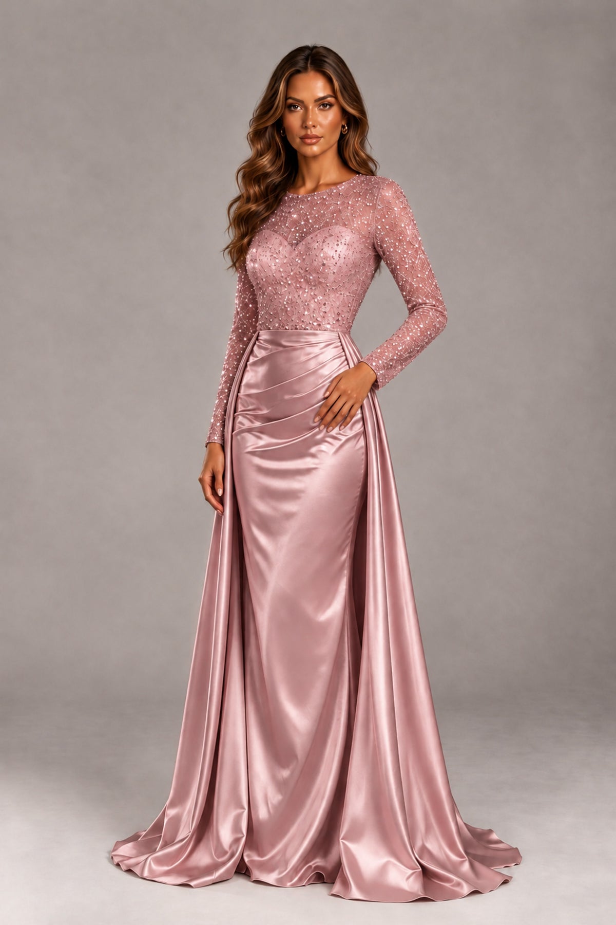 BOLODOO Dusty Rose Long Sleeve Embellished Satin Evening Gown with Sweep Train - Dusty Rose - Dusty Rose_4