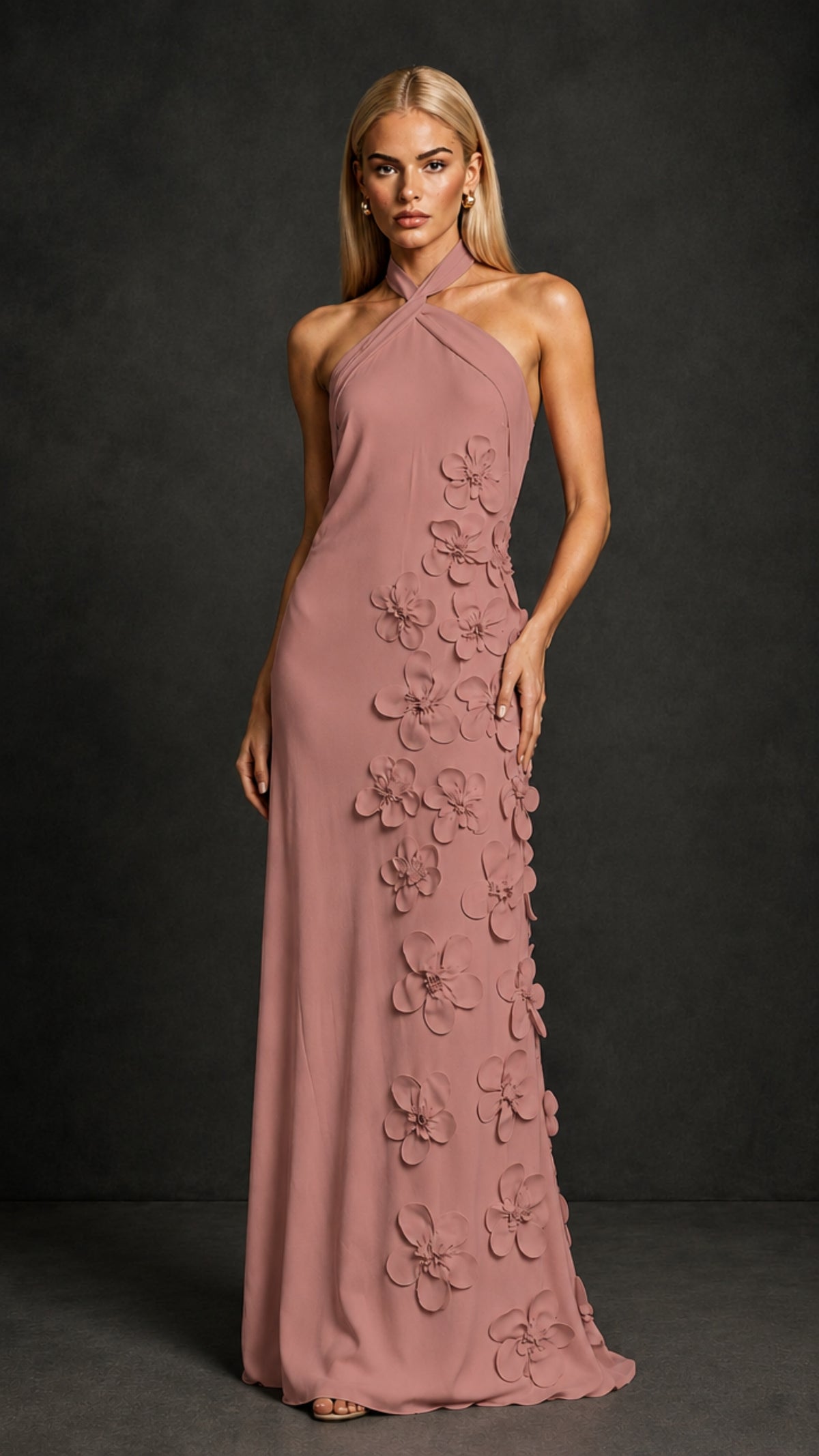 BOLODOO Dusty Rose Cross Halter Neck 3D Floral Appliqué Backless Mermaid Maxi Gown - Dusty Rose