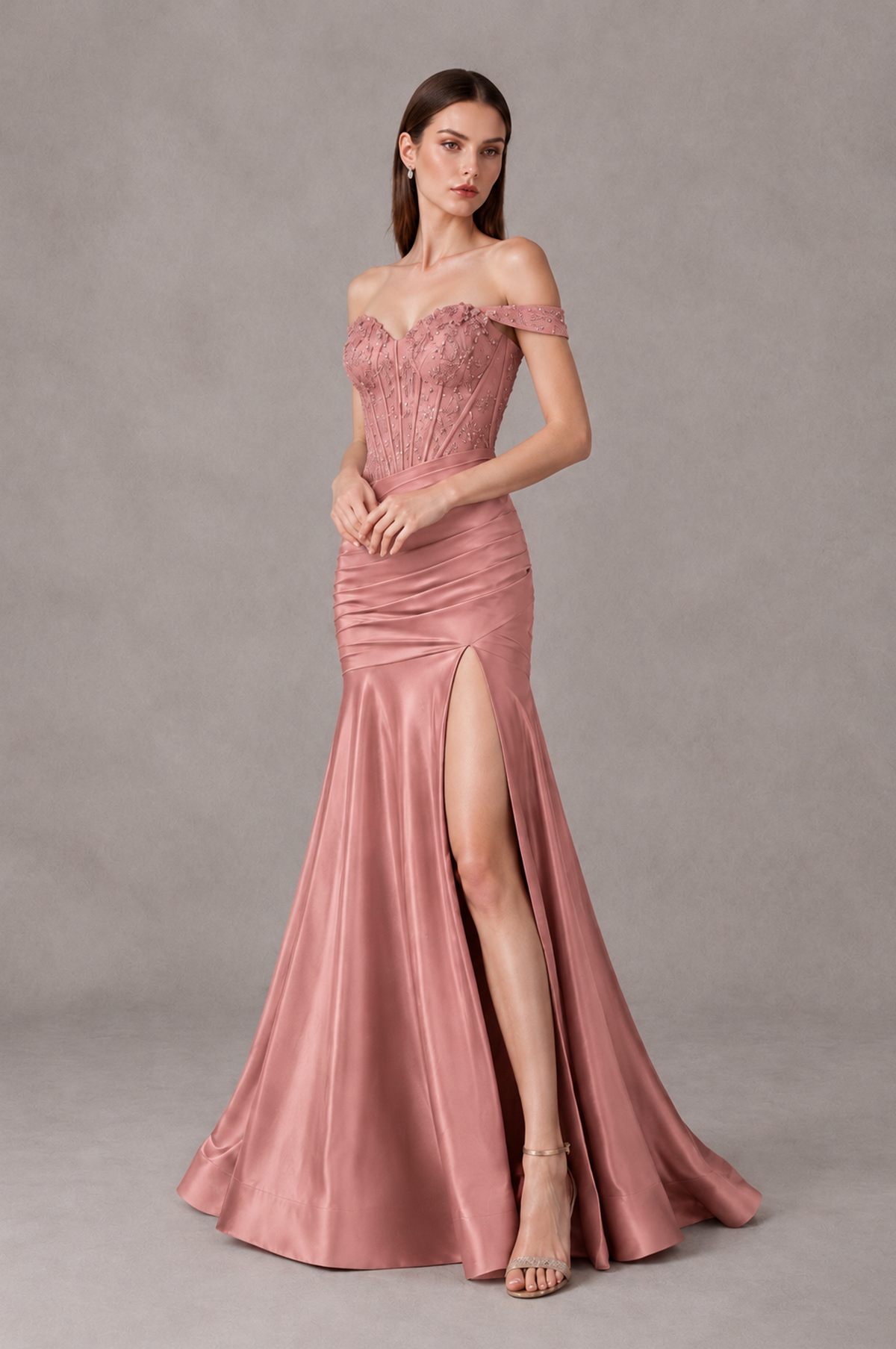 BOLODOO Dusty Rose Off-Shoulder Corset Mermaid Prom Dress with Slit Sequin Lace Evening Gown - Dusty Rose - Dusty Rose_4