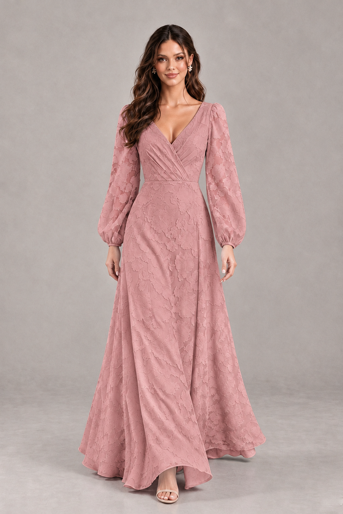 BOLODOO Dusty Rose Long Sleeve V-Neck A-Line Mother of the Bride Dress - Dusty Rose - Dusty Rose_4
