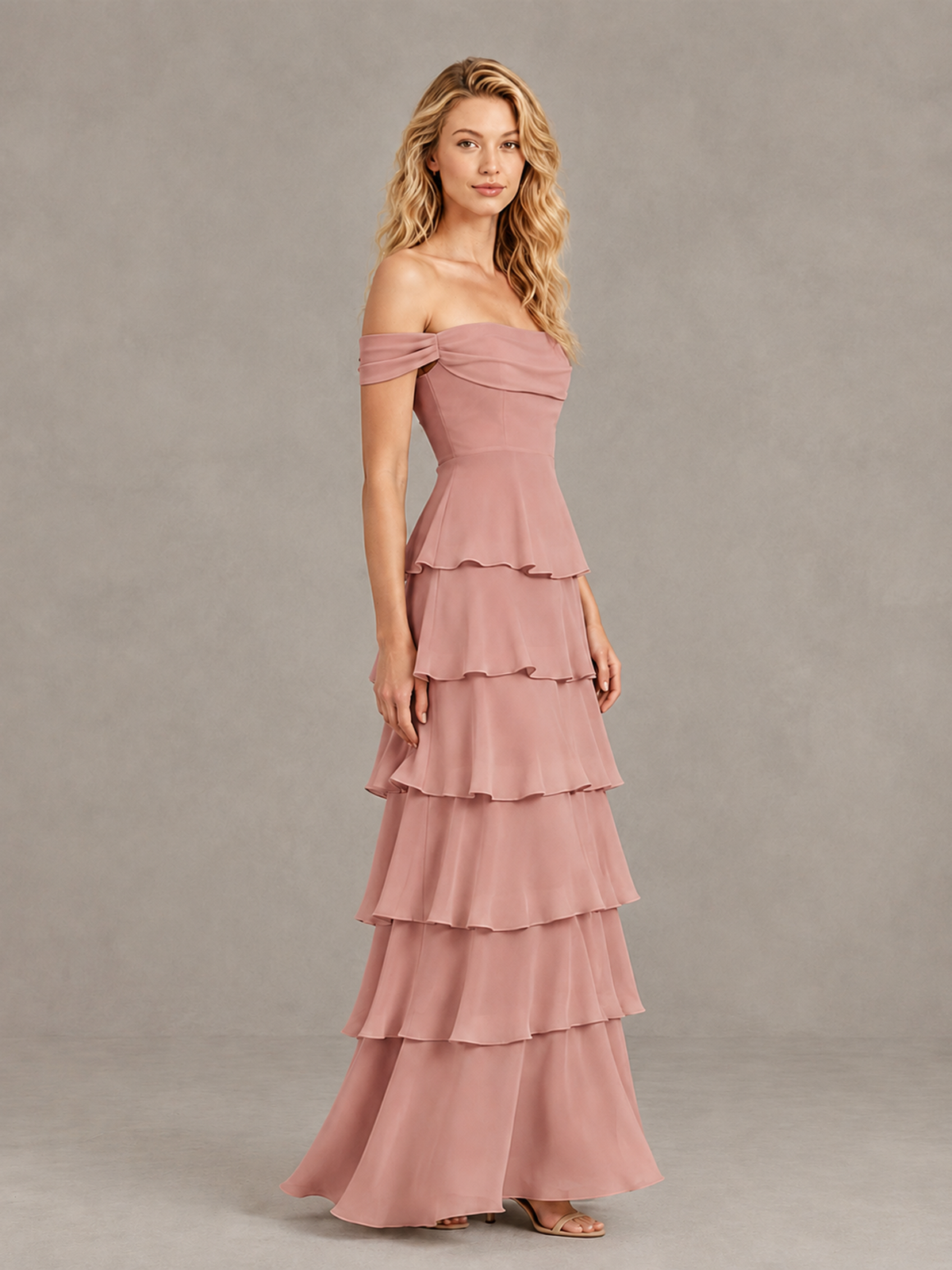 BOLODOO Dusty Rose Off-Shoulder Tiered Ruffle Bridesmaid Dress with Lace-Up Back - Dusty Rose - Dusty Rose_4