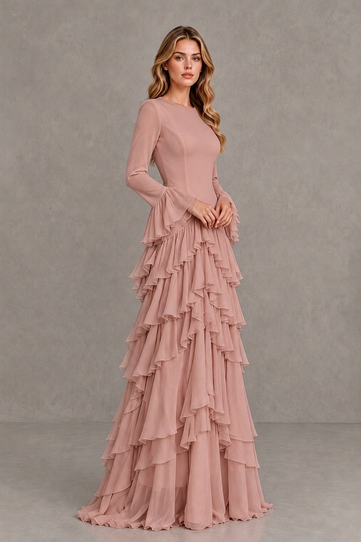 Dusty Rose Long Sleeve Tiered Ruffle Evening Gown - Dusty Rose - Dusty Rose_4