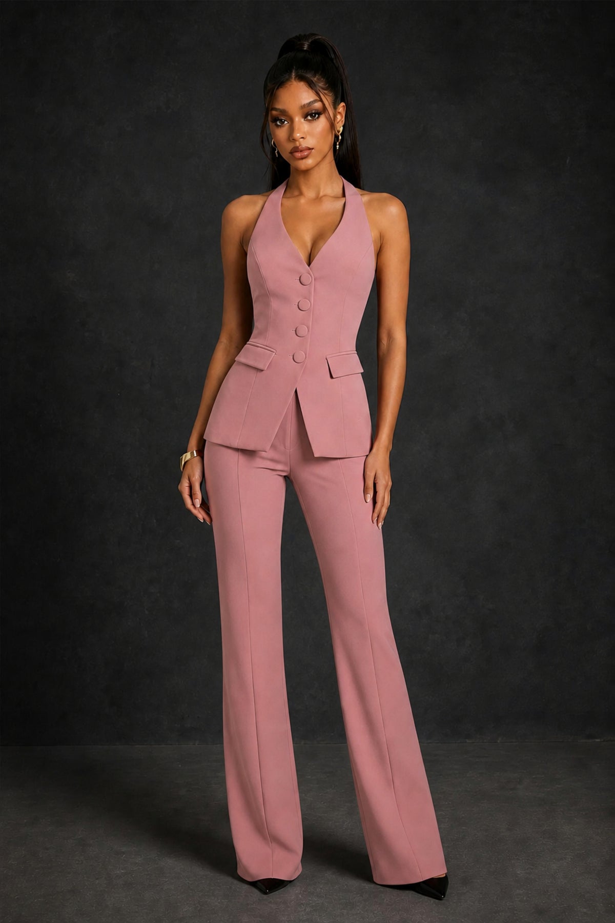 BOLODOO Dusty Rose Halter Neck Deep V Open Back– Formal Suit with Wide-Leg Pants - Dusty Rose