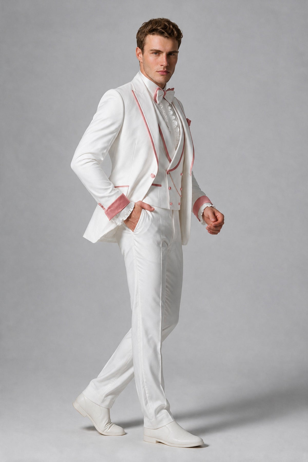 Bolodoo Men's White and Dusty Rose Three-Piece Wedding Tuxedo Suit - Dusty Rose - Dusty Rose_4