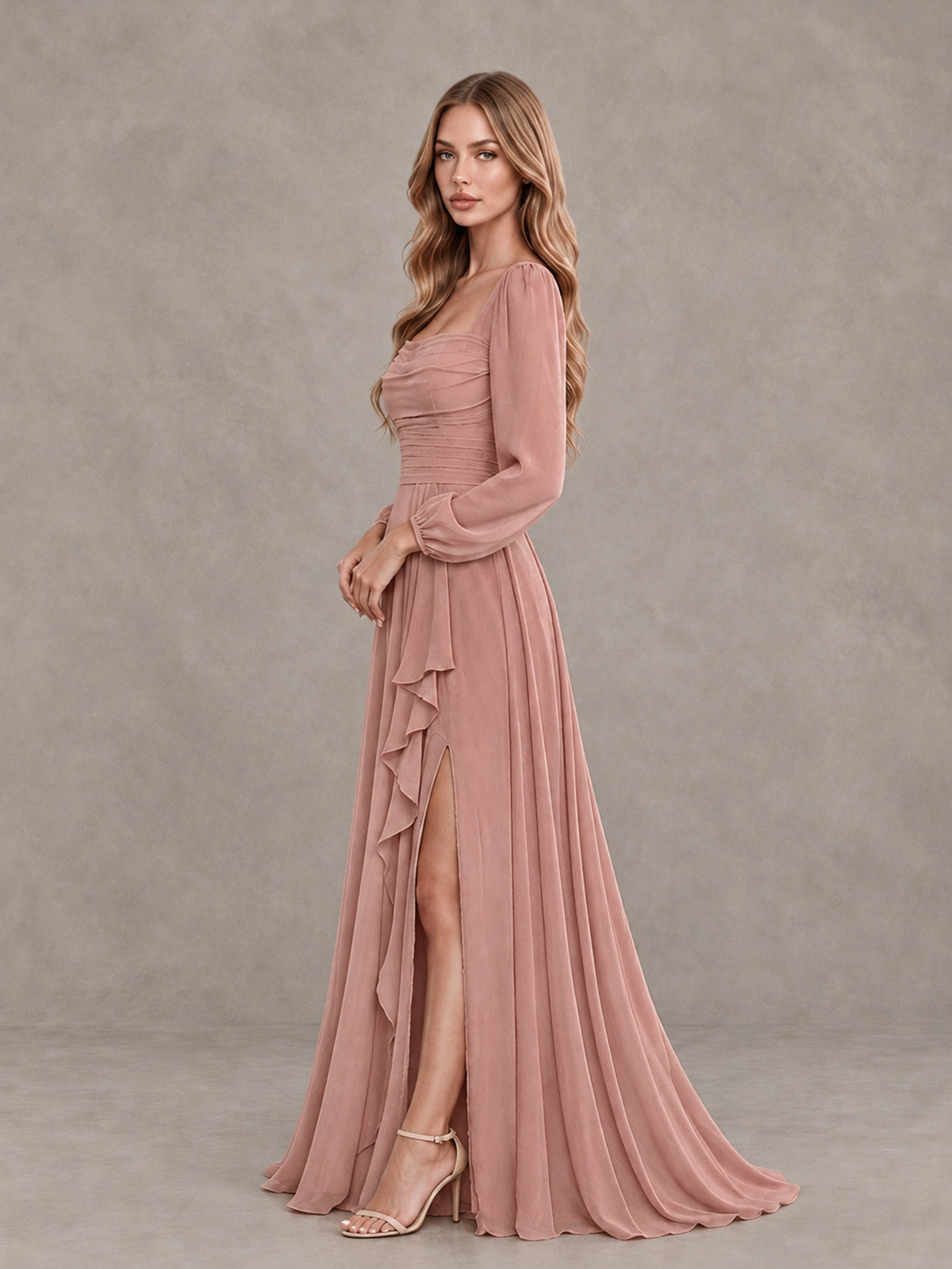 BOLODOO Dusty Rose Square Neck Long Sleeve Bridesmaid Dress with Ruffle Slit - Dusty Rose - Dusty Rose_4