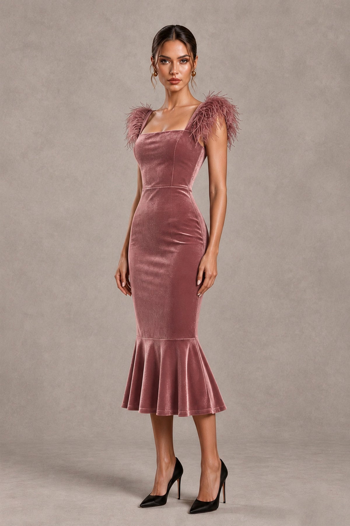 BOLODOO Dusty Rose Feather-Trim Velvet-Look Mermaid Midi Dress - Dusty Rose - Dusty Rose_4