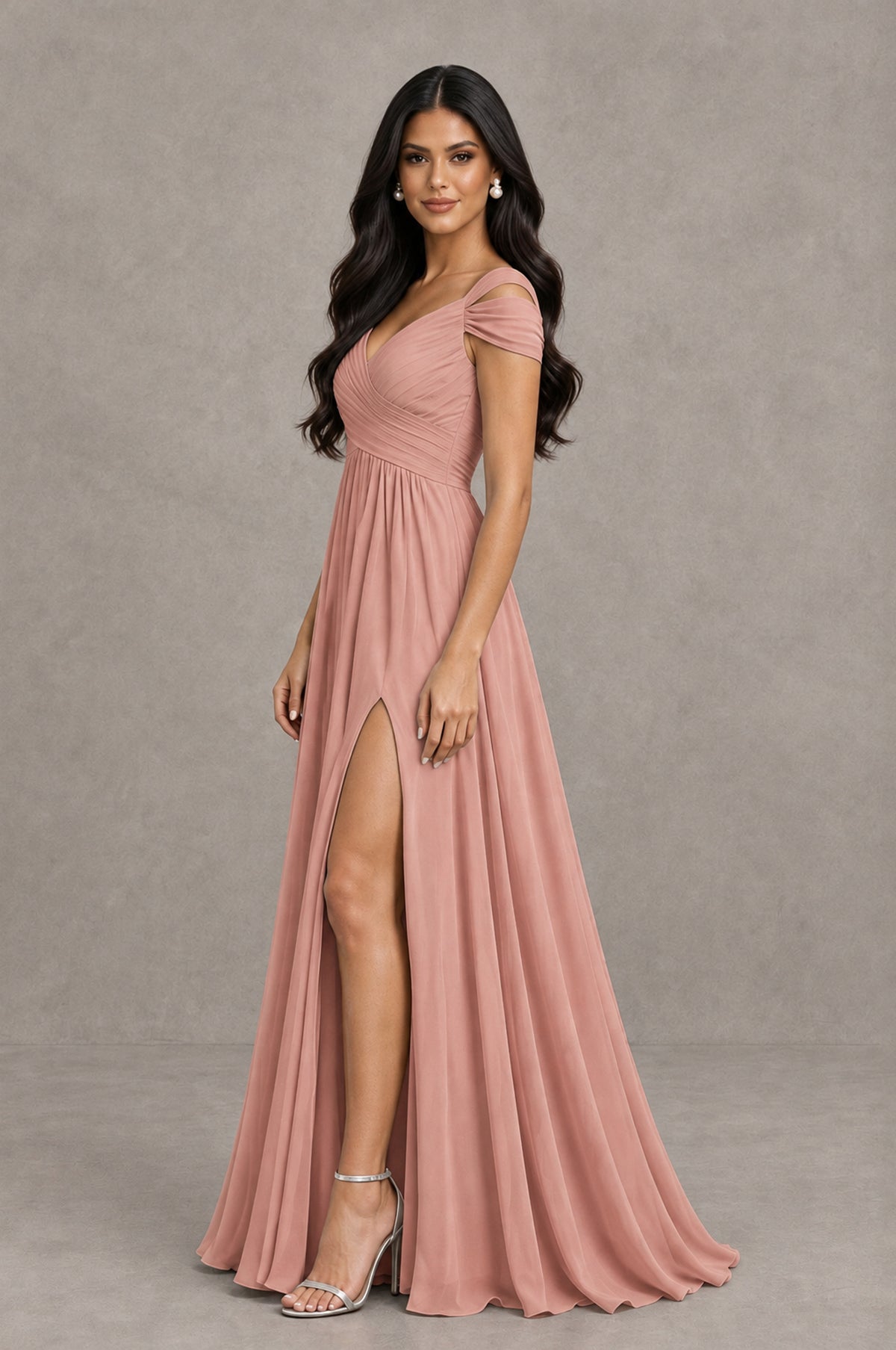 BOLODOO Dusty Rose Cold Shoulder Chiffon Evening Dress with V Neck and High Slit - Dusty Rose - Dusty Rose_4