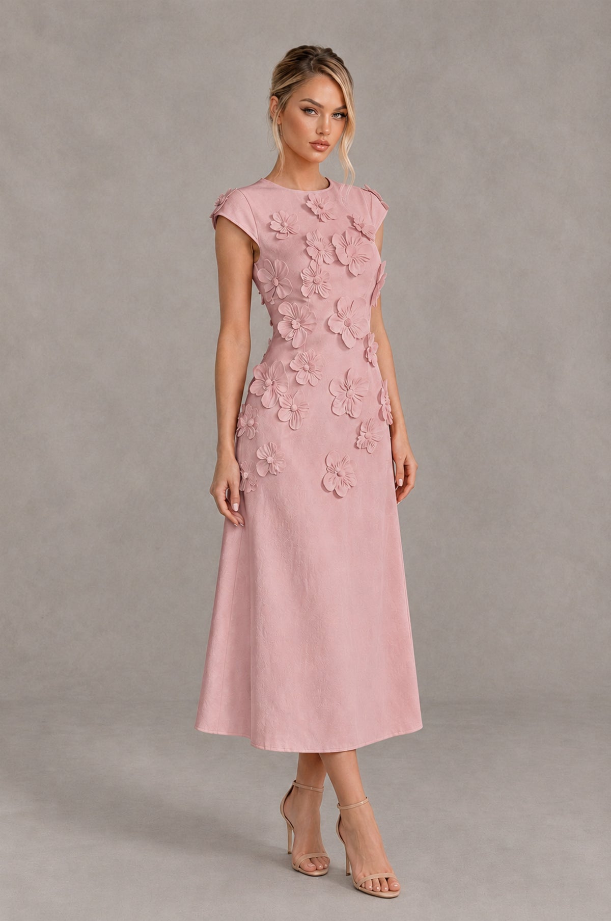 BOLODOO Dusty Rose 3D Floral Cap Sleeve Midi Cocktail Dress - Dusty Rose - Dusty Rose_4