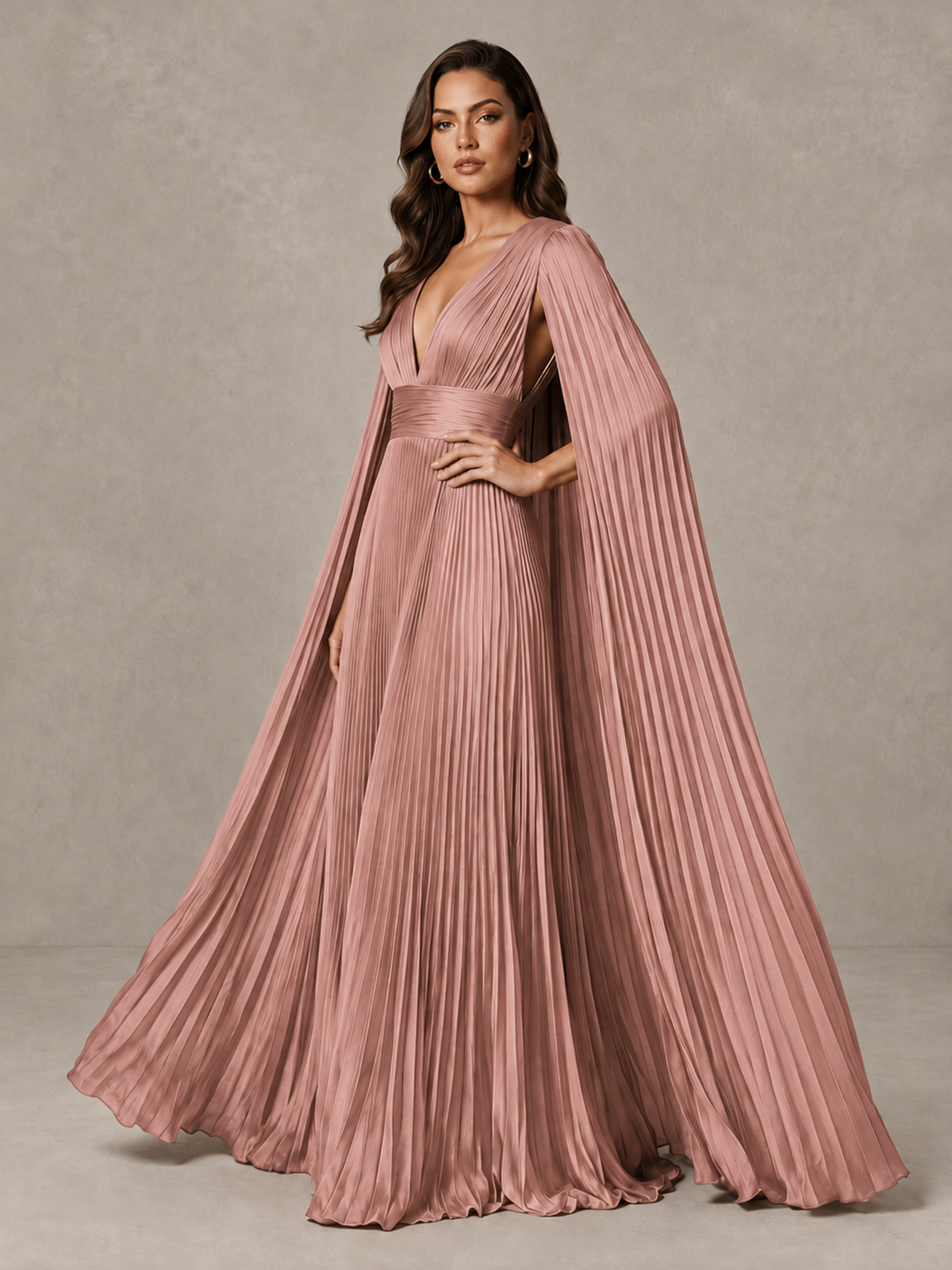 BOLODOO Dusty Rose Deep V-Neck Pleated Cape Sleeve Evening Gown - Dusty Rose - Dusty Rose_4