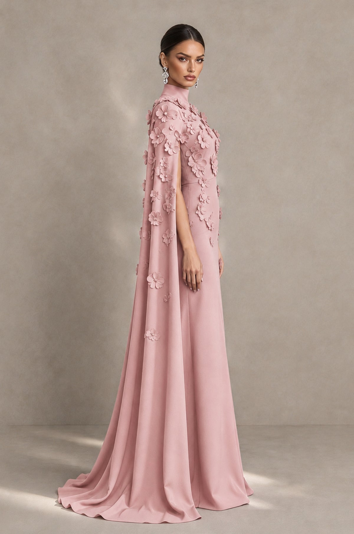 BOLODOO Dusty Rose 3D Floral Applique Cape Formal Dress - Dusty Rose - Dusty Rose_4