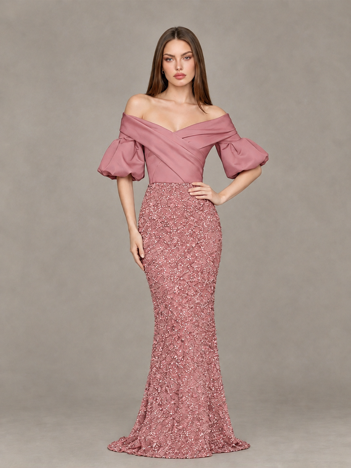 BOLODOO Dusty Rose Off-Shoulder Puff Sleeve Sequin Mermaid Evening Dress - Dusty Rose - Dusty Rose_4
