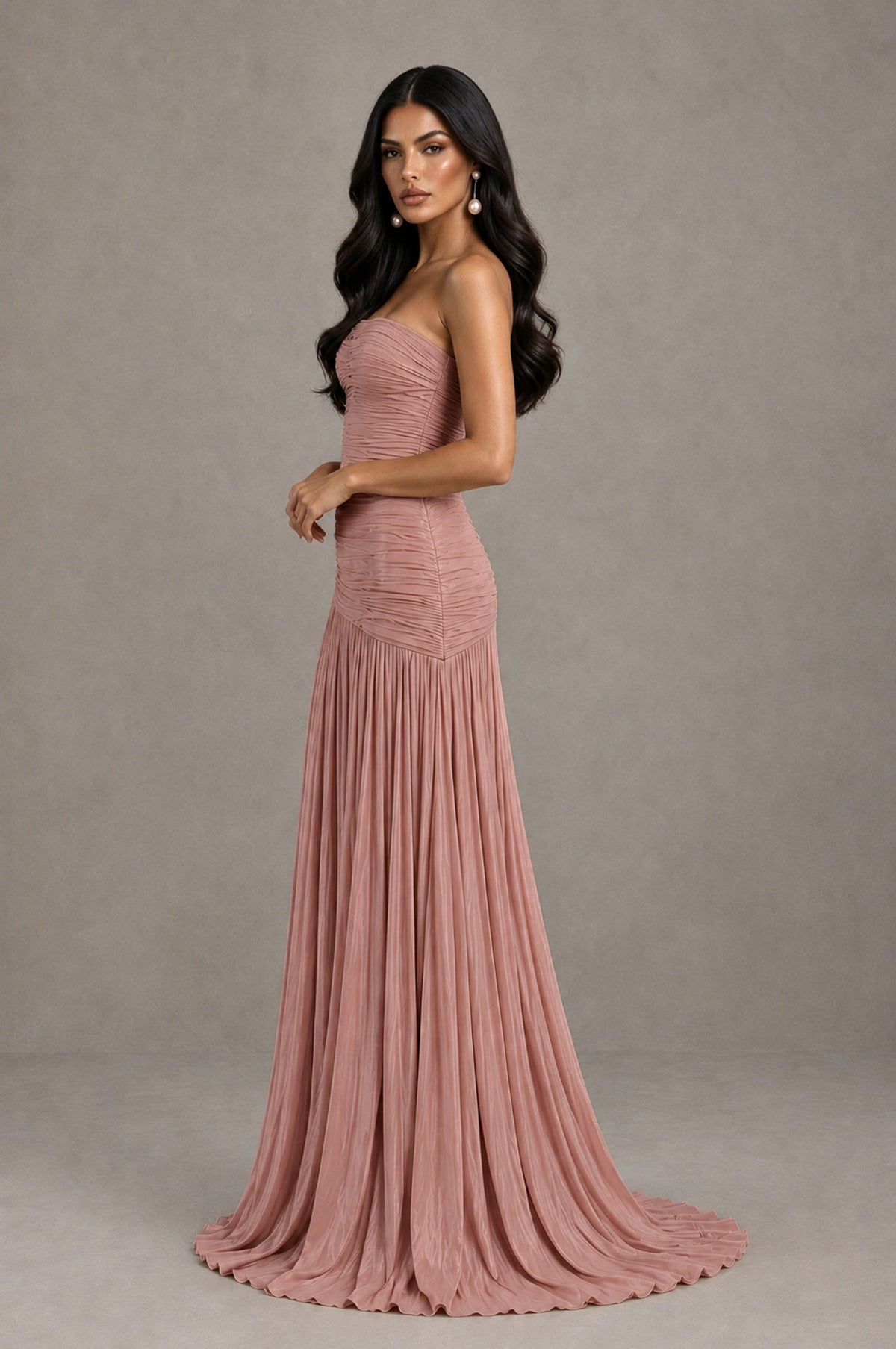 BOLODOO Dusty Rose Metallic Ruched Strapless Pleated A-Line Backless Maxi Dress with Train - Dusty Rose - Dusty Rose_4