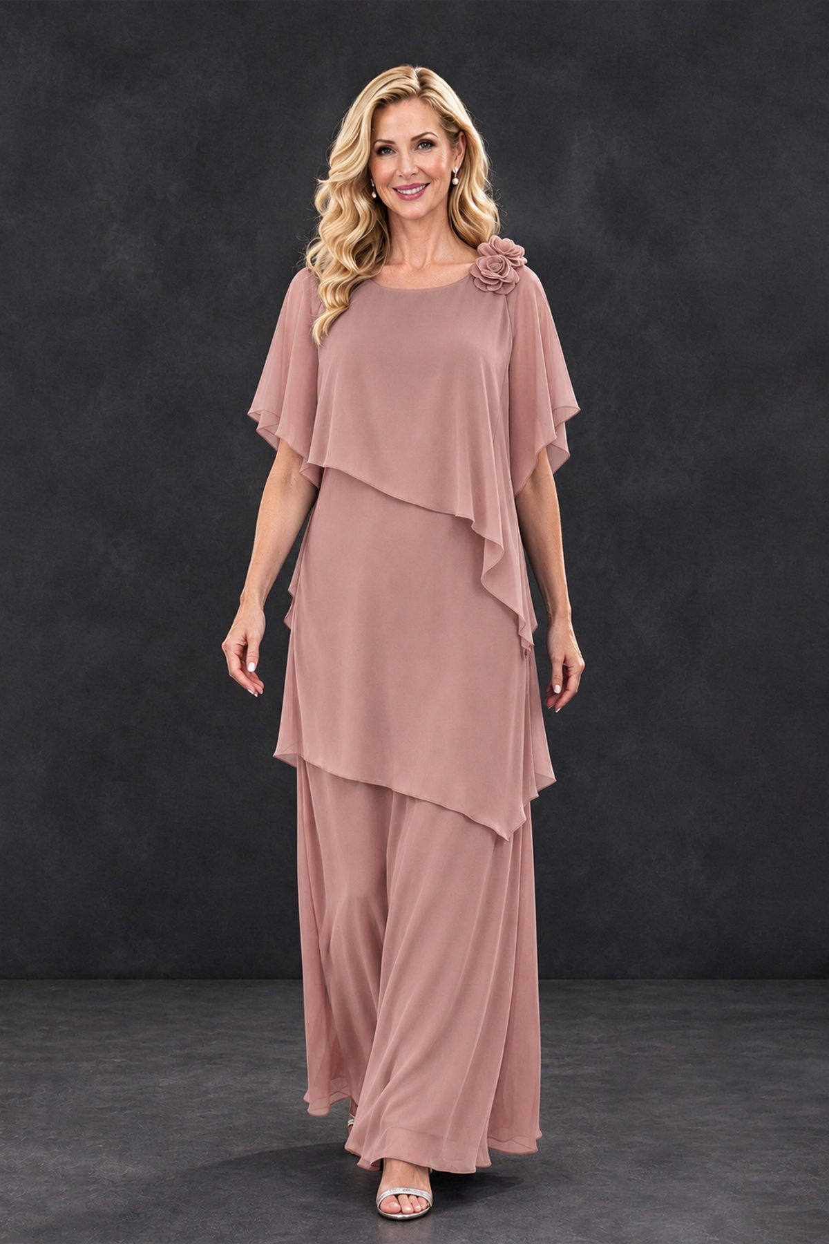 BOLODOO Dusty Rose Tiered Flutter Sleeve Mother of the Bride Maxi Dress - Dusty Rose - Dusty Rose_4
