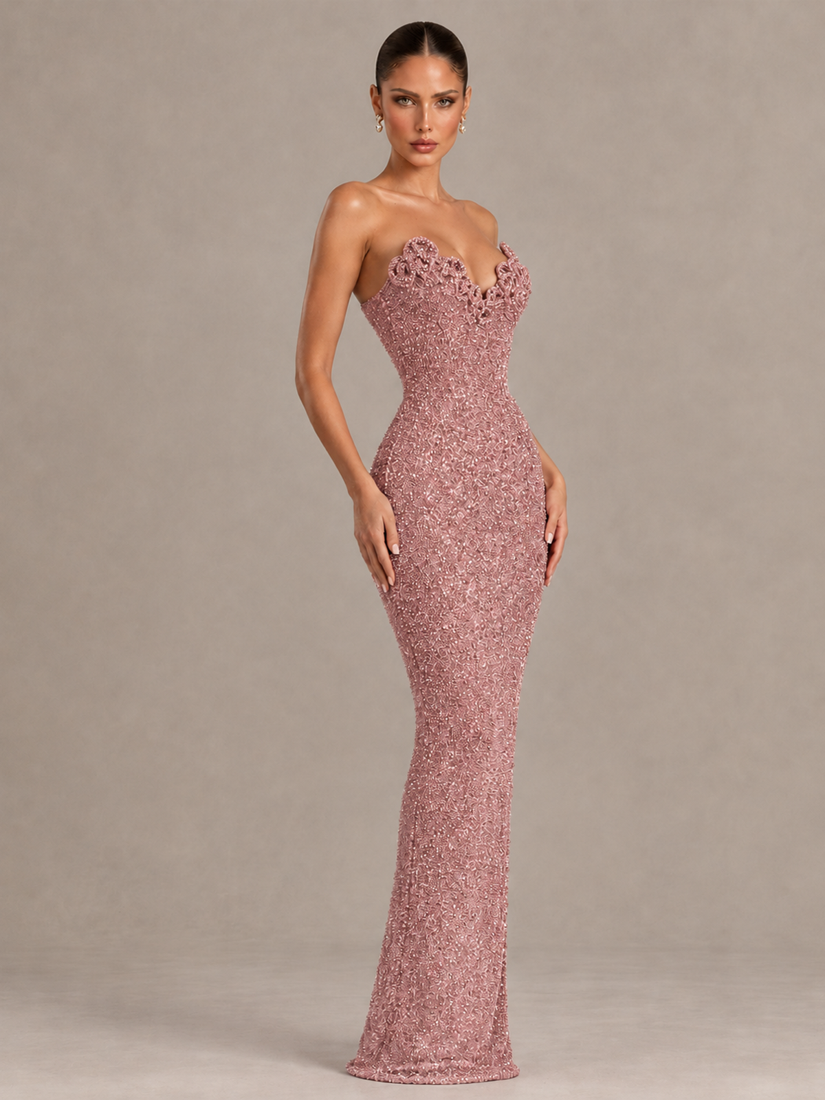BOLODOO Dusty Rose Strapless Sequin Evening Gown with Floral Neckline - Dusty Rose - Dusty Rose_4