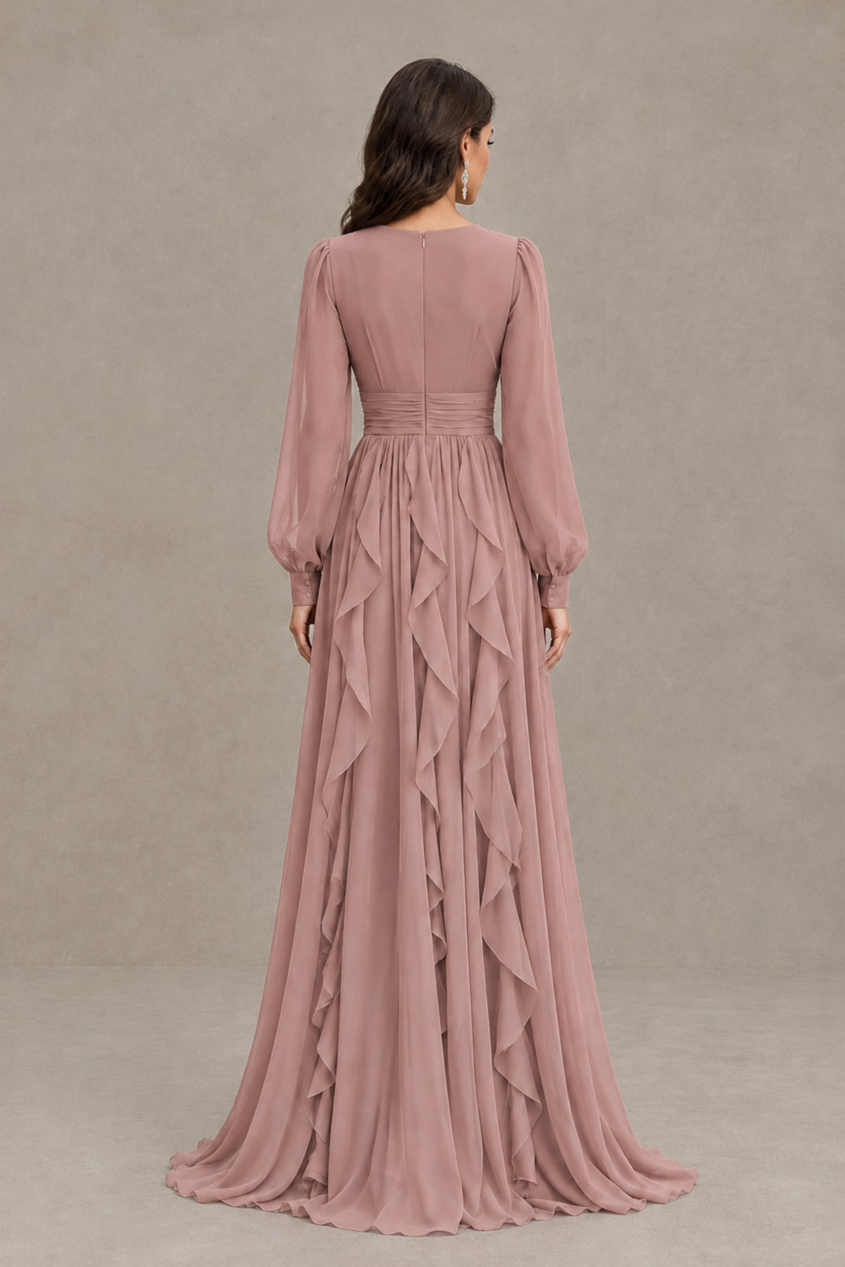 BOLODOO Dusty Rose Long Sleeve V-Neck Ruffle Maxi Dress - Dusty Rose