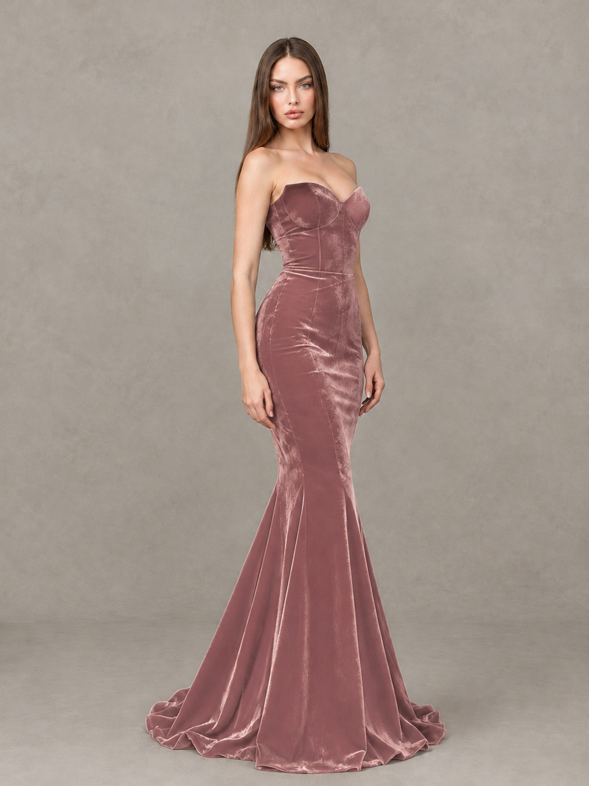 BOLODOO Dusty Rose Strapless Sweetheart Velvet-Look Mermaid Evening Dress - Dusty Rose - Dusty Rose_4