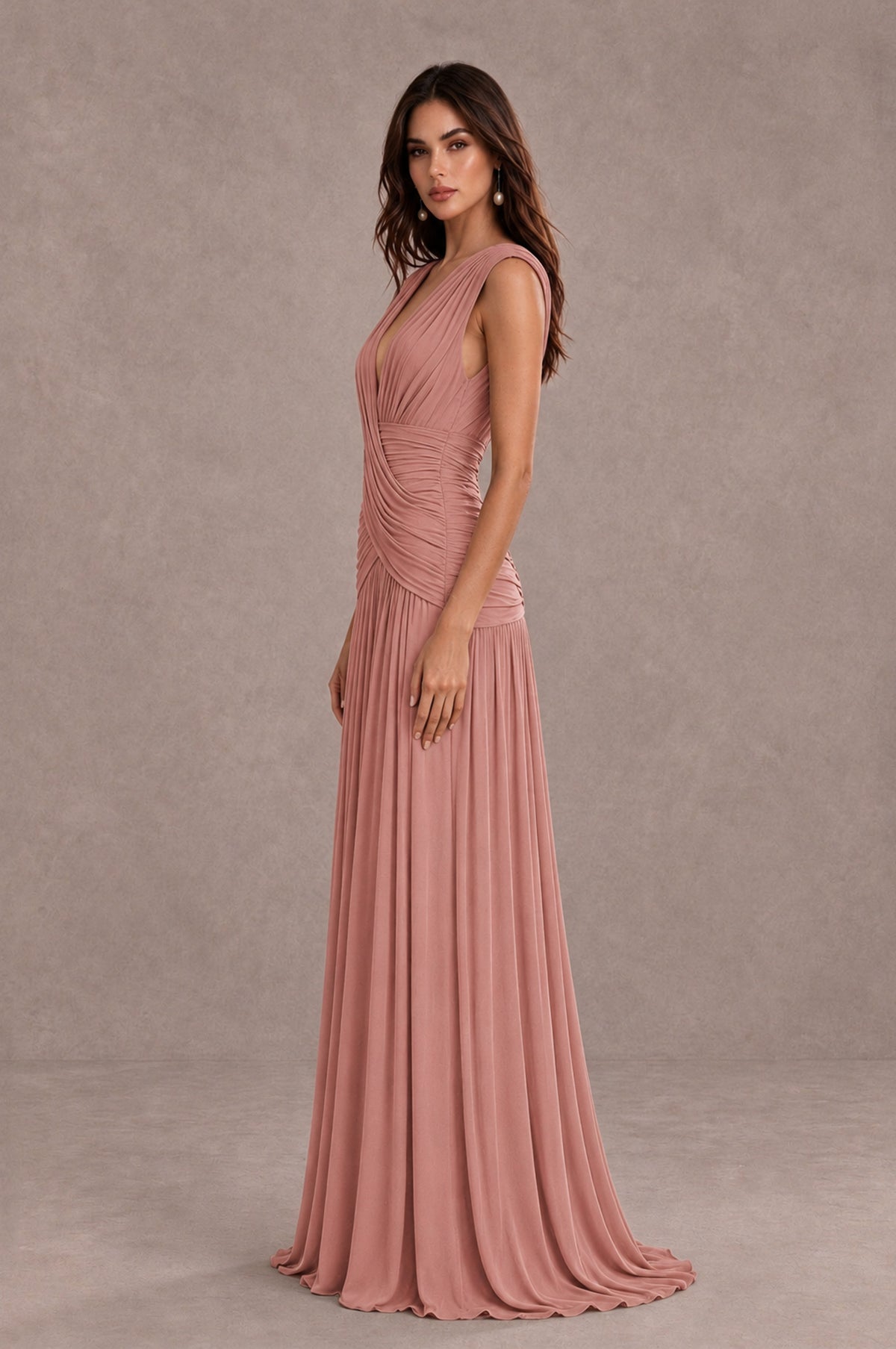 BOLODOO Dusty Rose V-Neck Ruched Wedding Guest Dress - Dusty Rose - Dusty Rose_4