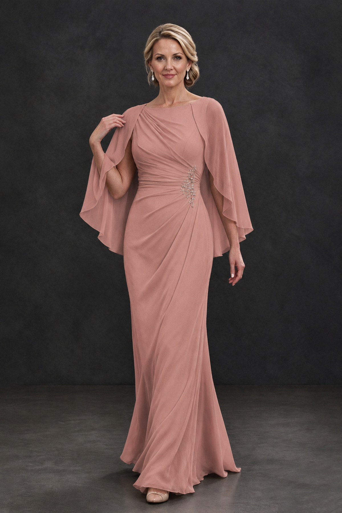 BOLODOO Dusty Rose Cape Sleeve Mother of the Bride Dress with Ruched Waist - Dusty Rose - Dusty Rose_4