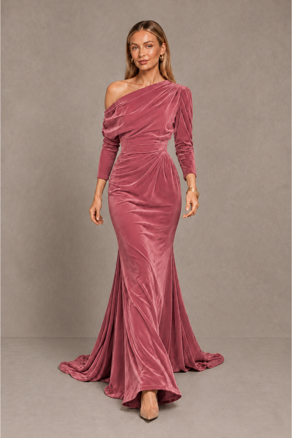 BOLODOO Dusty Rose Velvet Asymmetric Neck Mermaid Evening Dress - Dusty Rose - Dusty Rose_5