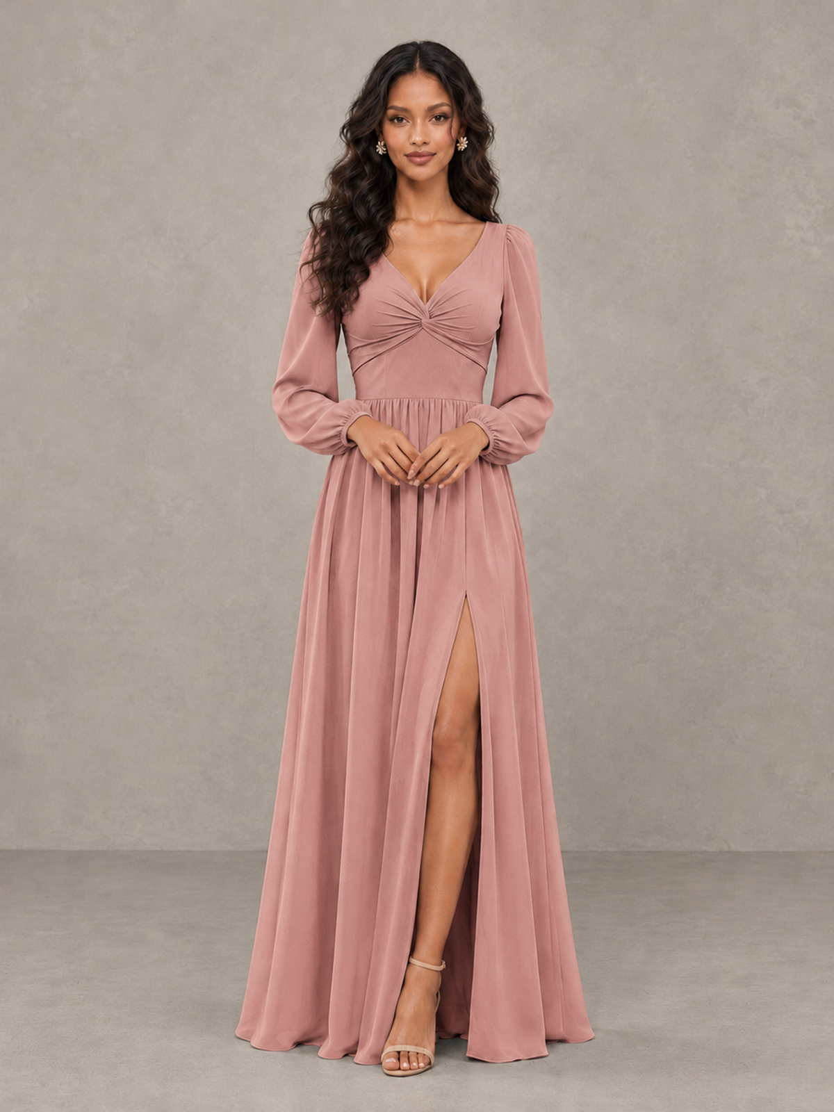 BOLODOO Dusty Rose V-Neck Long Sleeve Bridesmaid Dress with Tie Back and Slit - Dusty Rose - Dusty Rose_5