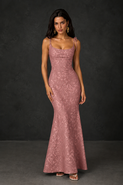 BOLODOO Dusty Rose Scoop Neck Tie Strap Lace-Up Back Floral Jacquard Mermaid Maxi Dress - Dusty Rose