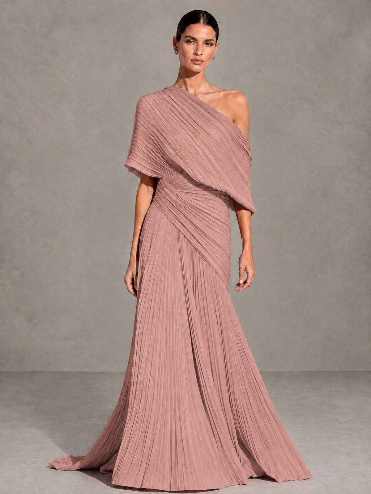 BOLODOO Dusty Rose One-Shoulder Pleated Cape Evening Gown with Train - Dusty Rose - Dusty Rose (1)