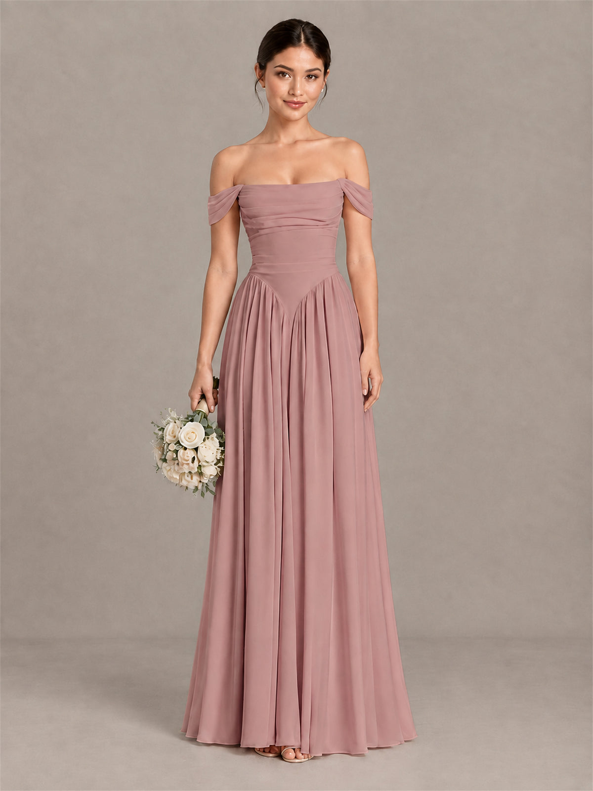 BOLODOO Dusty Rose Off-Shoulder Chiffon A-Line Bridesmaid Dress - Dusty Rose