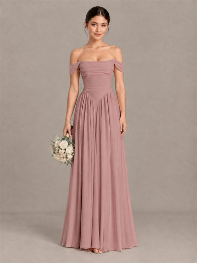 BOLODOO Dusty Rose Off-Shoulder Chiffon A-Line Bridesmaid Dress - Dusty Rose