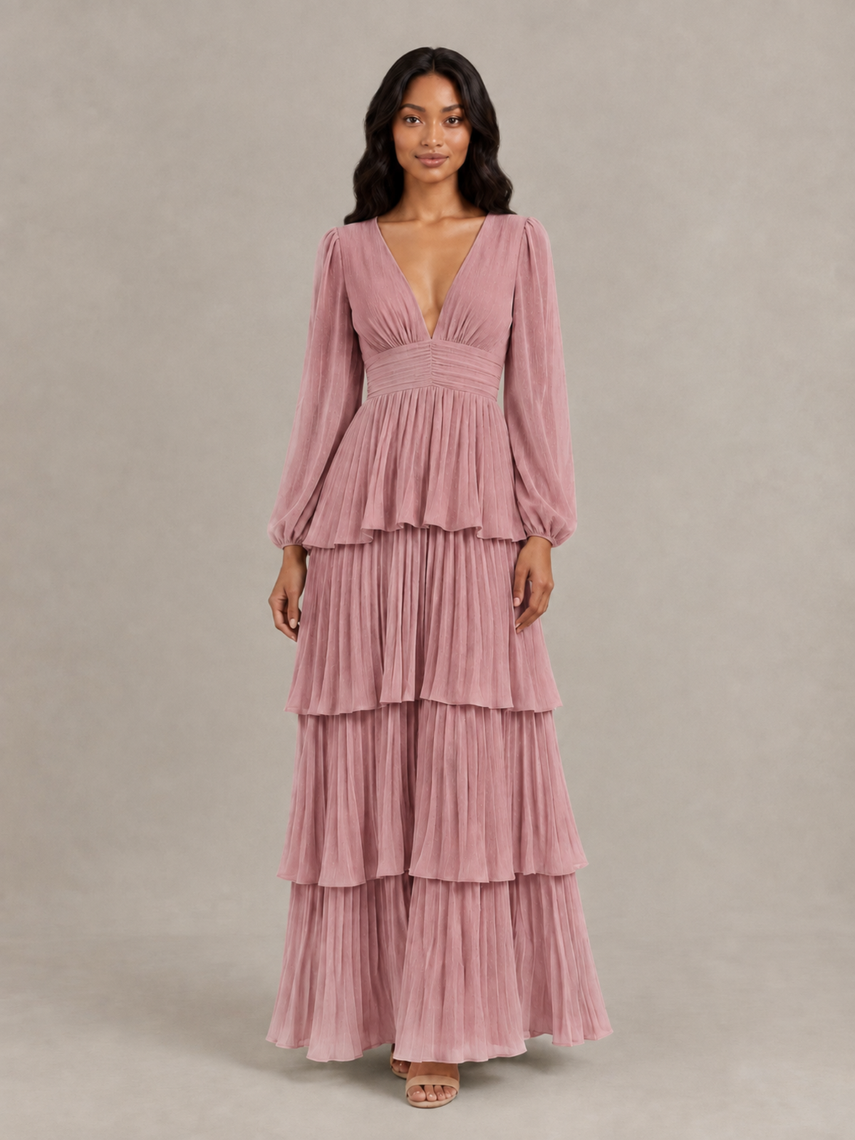 BOLODOO Dusty Rose Long-Sleeve Tiered Maxi Dress with Deep V-Neck - Dusty Rose