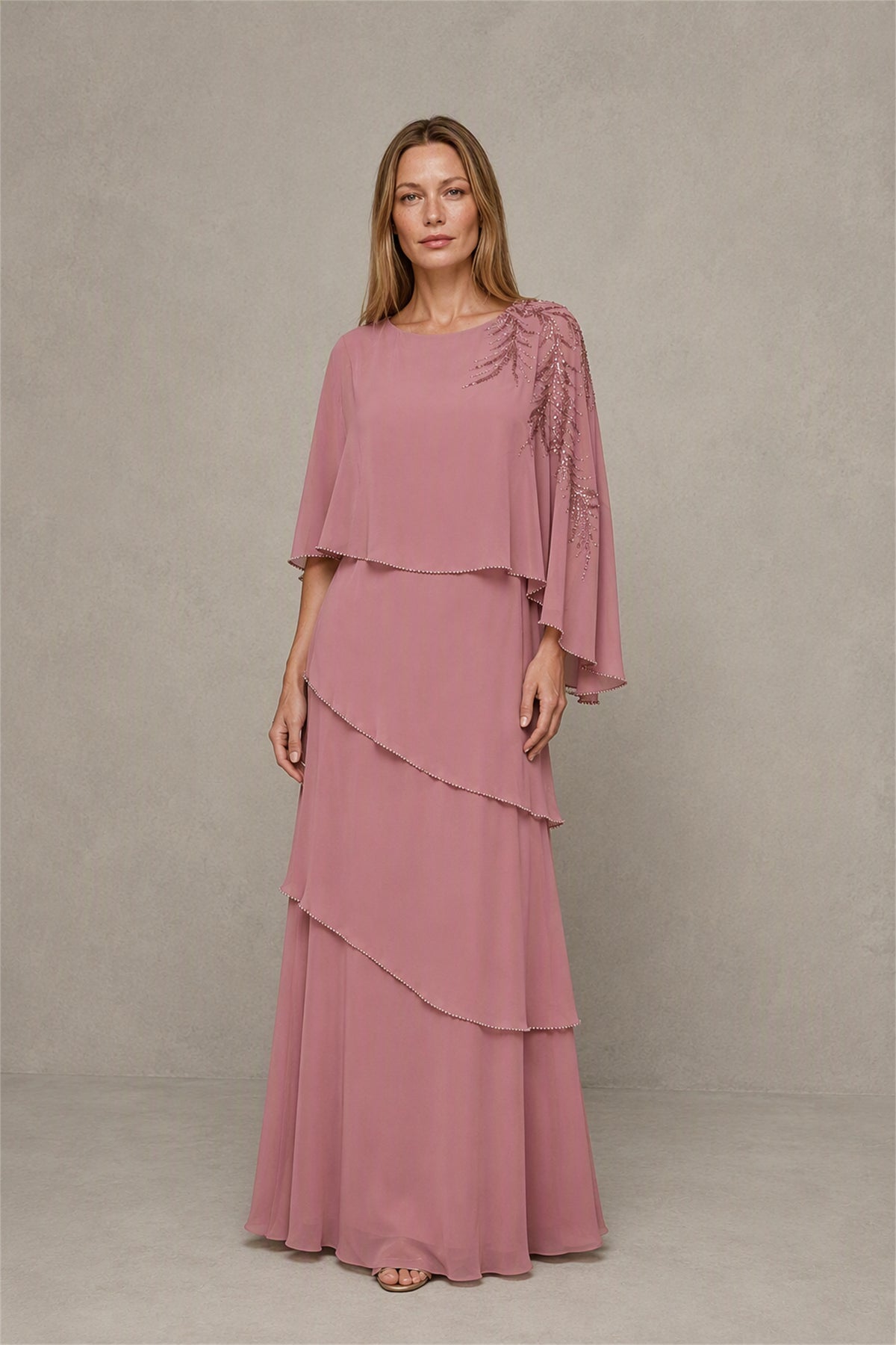 BOLODOO Dusty Rose Mocha Asymmetric Cape Sleeve Dusty Rose Sequin Embroidered Pearl Trim Tiered Chiffon Gown - Dusty Rose
